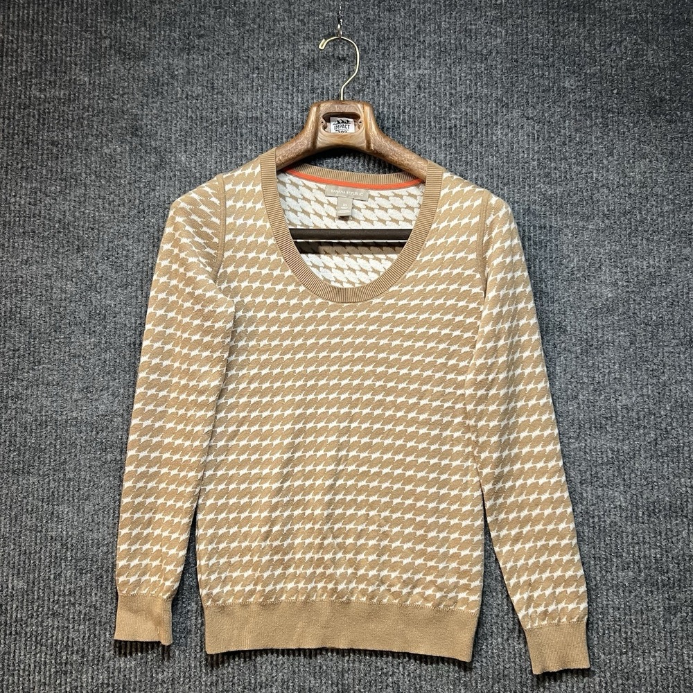 Banana Republic Sweater Womens XS Tan White Leaf Pattern Long Sleeve Round Neck